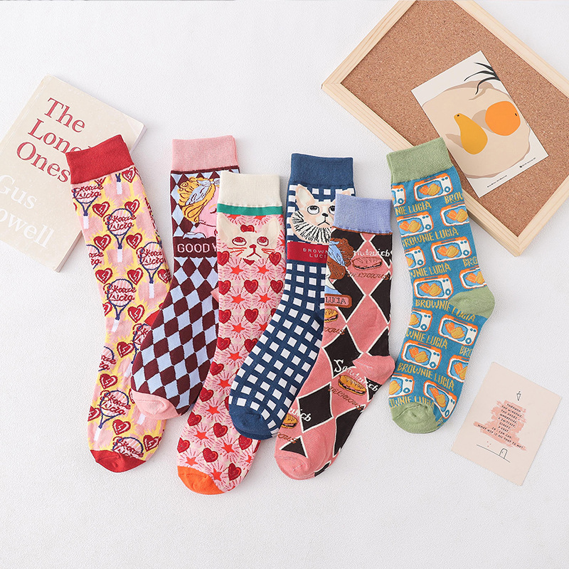 Colorful Pattern Cotton Mens Women Socks Middle Tube Funny Casual Crew Socks Girls Cute Harajuku Ankle For Ladies Socks