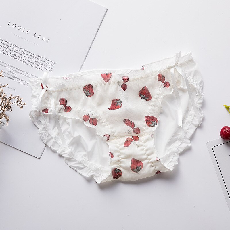 Culotte japonaise en soie glacée, produit, imprimé fraise, grand nœud, Triangle, en mousseline transparente, pour dames: 02 / M