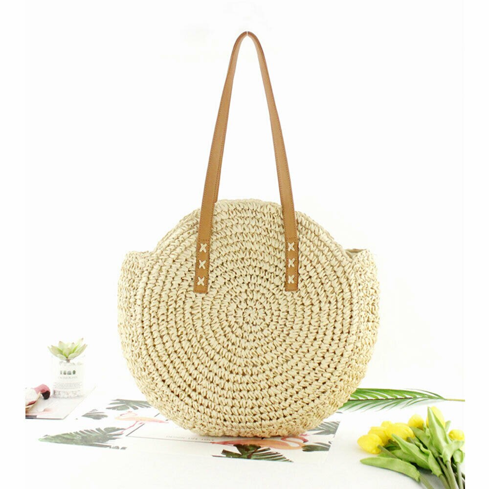 sac de paille femmes sac à bandoulière centre rond rotin paille tissé à la main bohème grande taille sac de plage: Beige