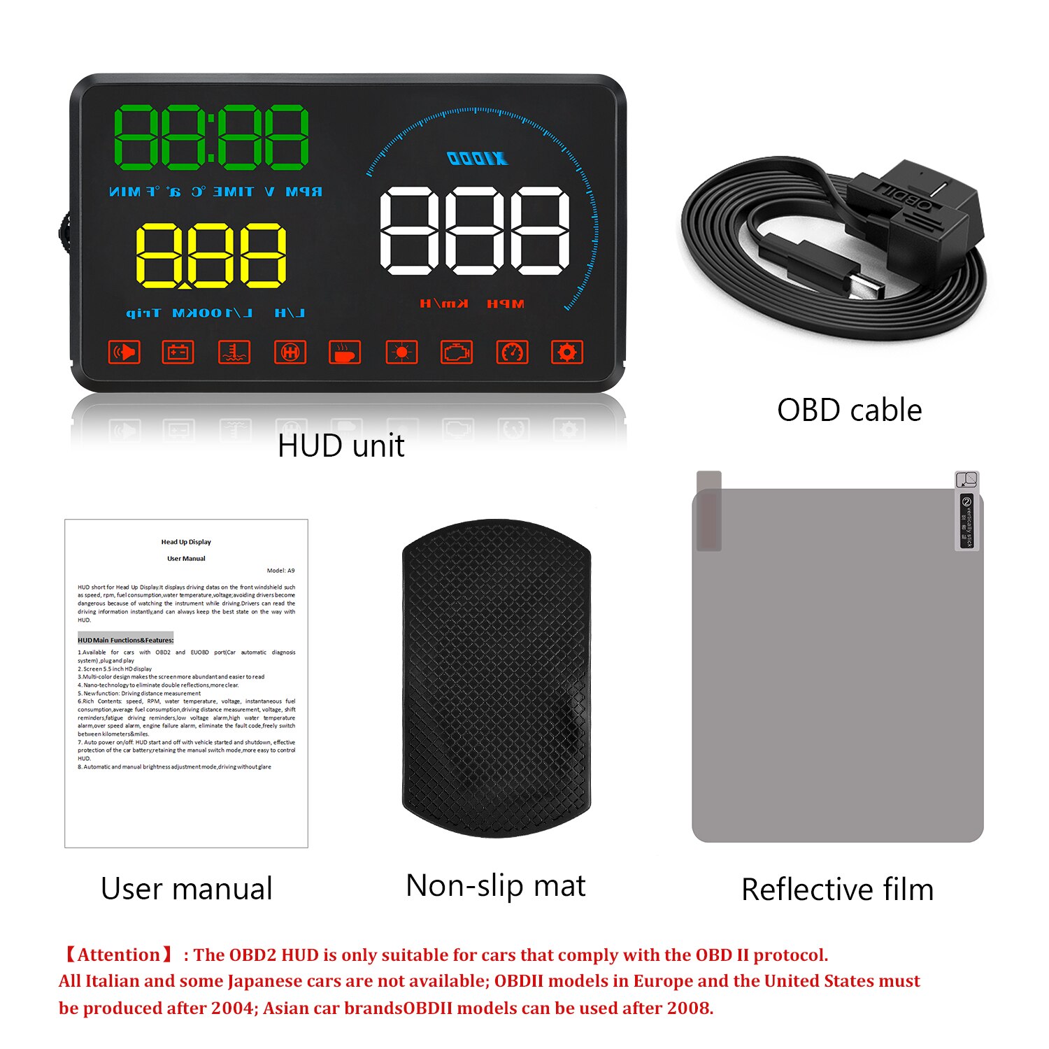 WYING Affichage Tête Haute Voiture OBDII EUOBD Pare-Brise Projecteur HUD Changement Rappel Temp D'eau TR/MIN consommation alarme de vitesse
