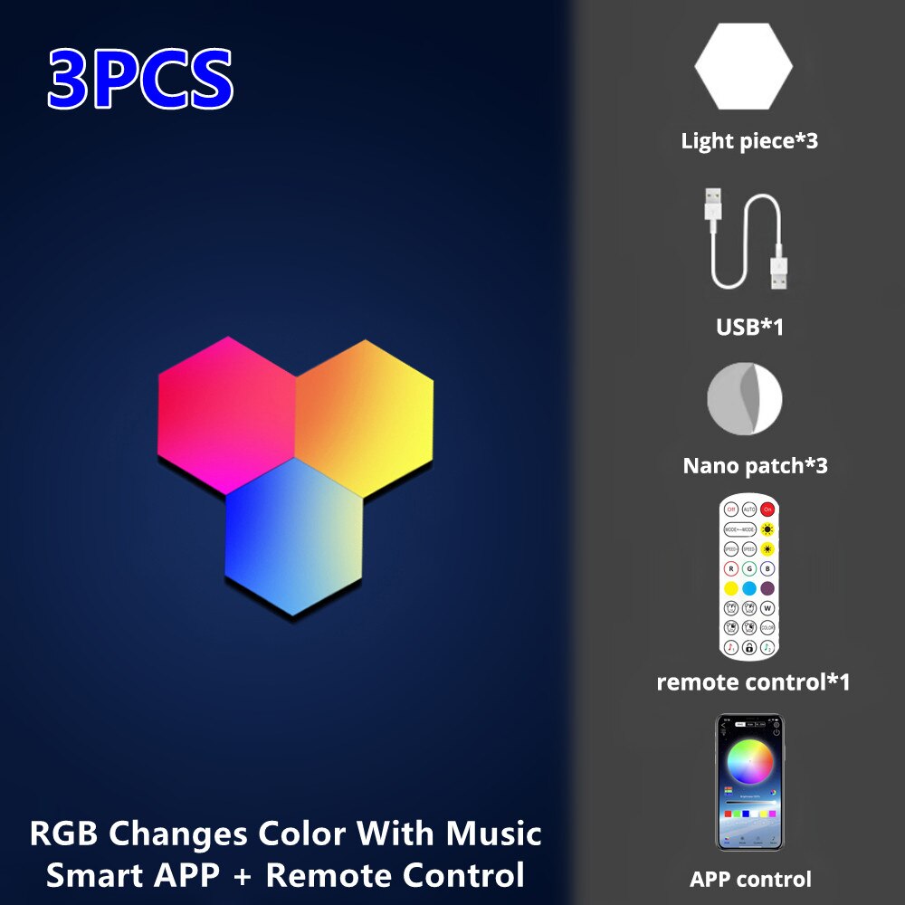 RGB Quantum Lamp Smart APP Hexagon Light Wall Lamp Touch Sensor LED Night Light rgbw DIY LED Honeycomb Light USB Modular Lamp 5V: 3PCS