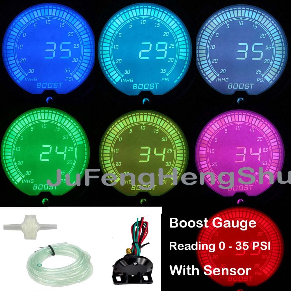 52mm Car Gauge 12V Oil Temperature Water Temp Turbo Boost Volt fuel Pressure Auto Gauges 7 Color Light Digital Meter + Sensor