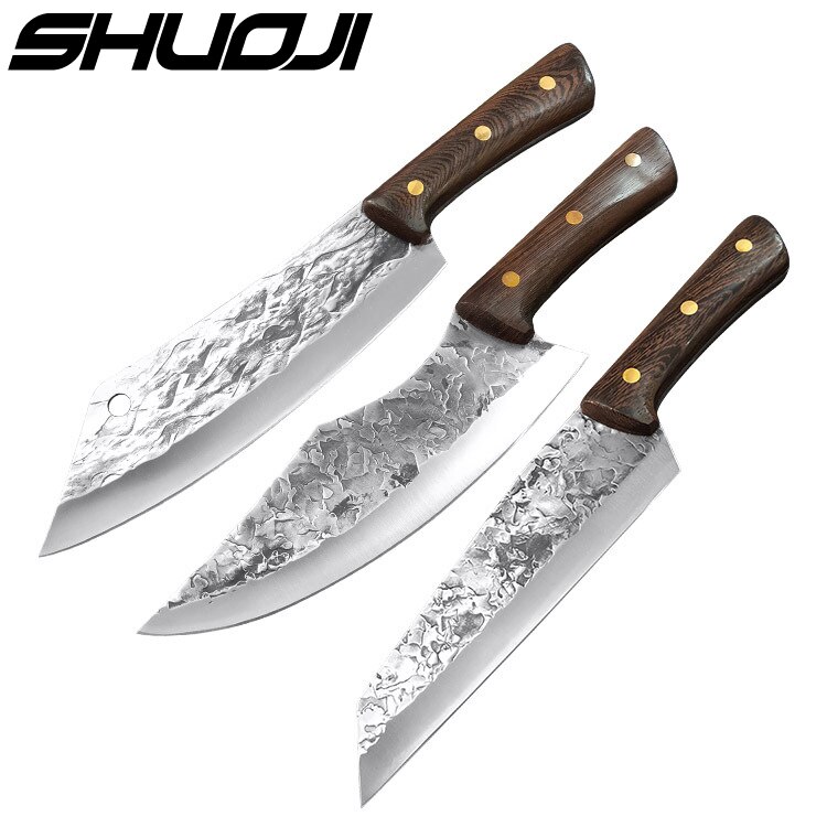Forge Boning Knife Japanese Full Tang Handle Knife Handmade Steel Kitchen Boning Knives Chef Slicing Utility Santoku Cleaver: 3 PCS set