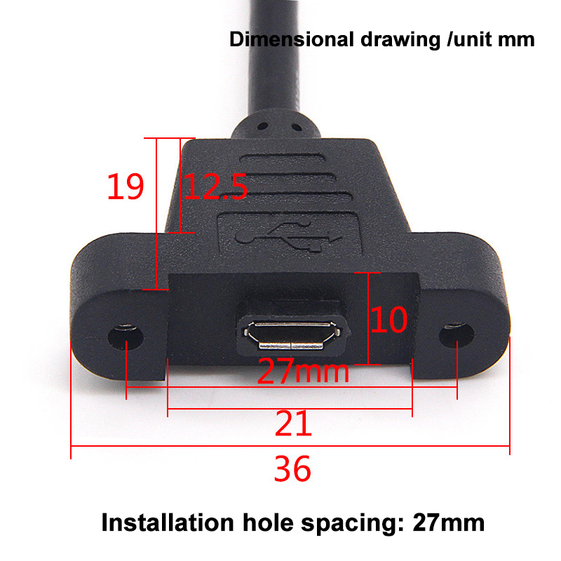 30 cm Micro-USB, 5-polig, 90-Grad-USB 2.0-Stecker auf Micro-Buchse, Verlängerungskabel, Rastermaß 27 mm, mit Schrauben, Loch für Schalttafelmontage