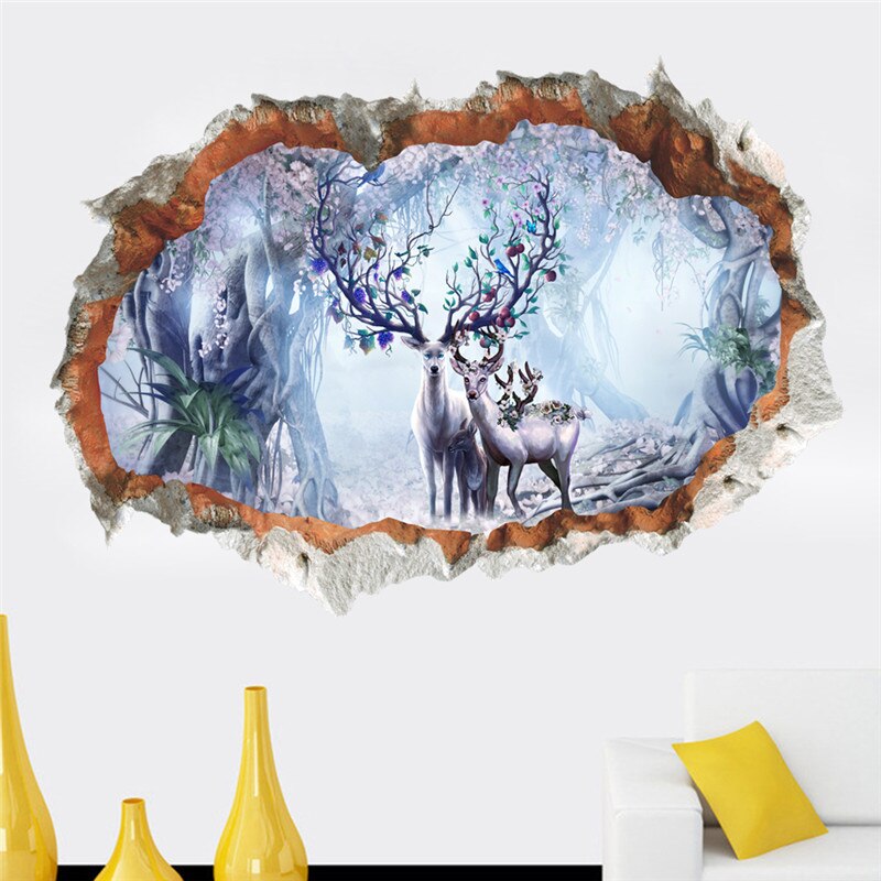 3D cassé mur trou Stickers muraux pour bureau salon chambre décoration de la maison bricolage animaux cerf loup paysage Mural Art Stickers: 4 14202