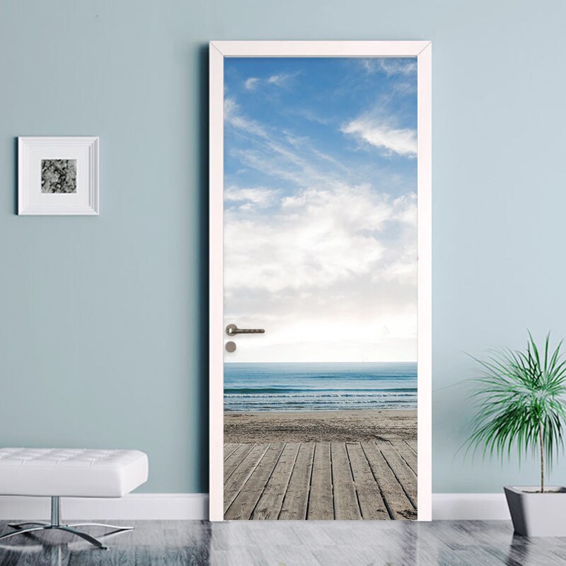 3D Deur Muurschilderingen Blauwe Hemel En Witte Wolken Zee Behang Woonkamer Keuken Deur Decoratie PVC Zelfklevende Waterdichte stickers