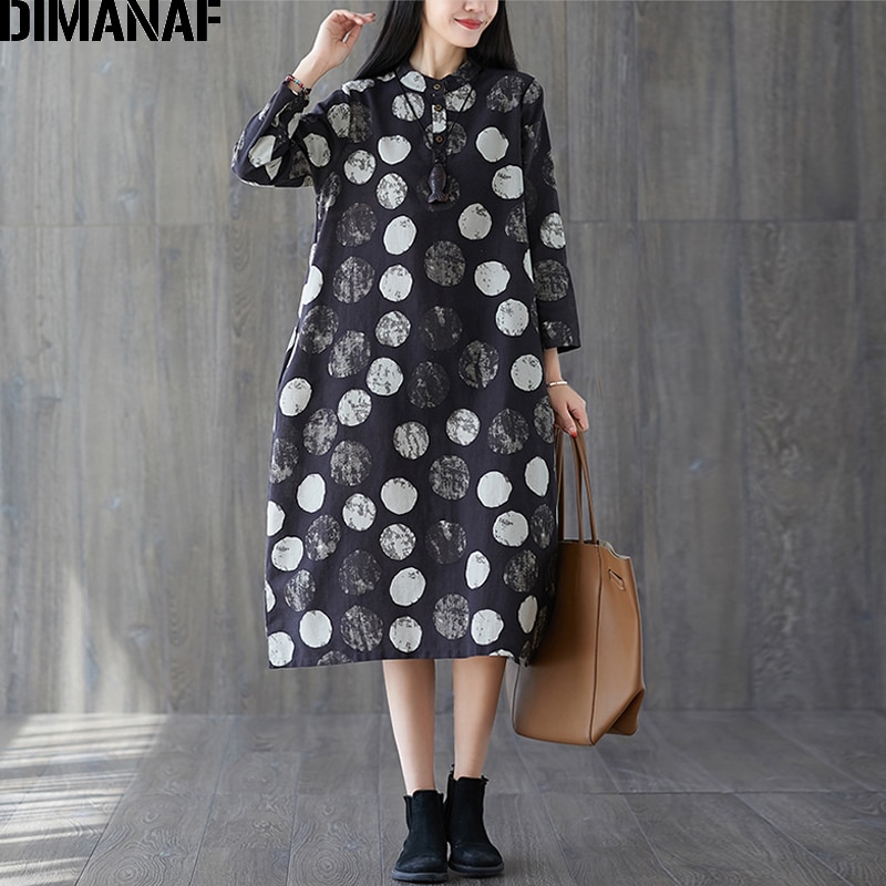 DIMANAF grande taille femmes robe Vintage à manches longues imprimé point femme Vestidos coton tenue décontractée en vrac automne vêtements