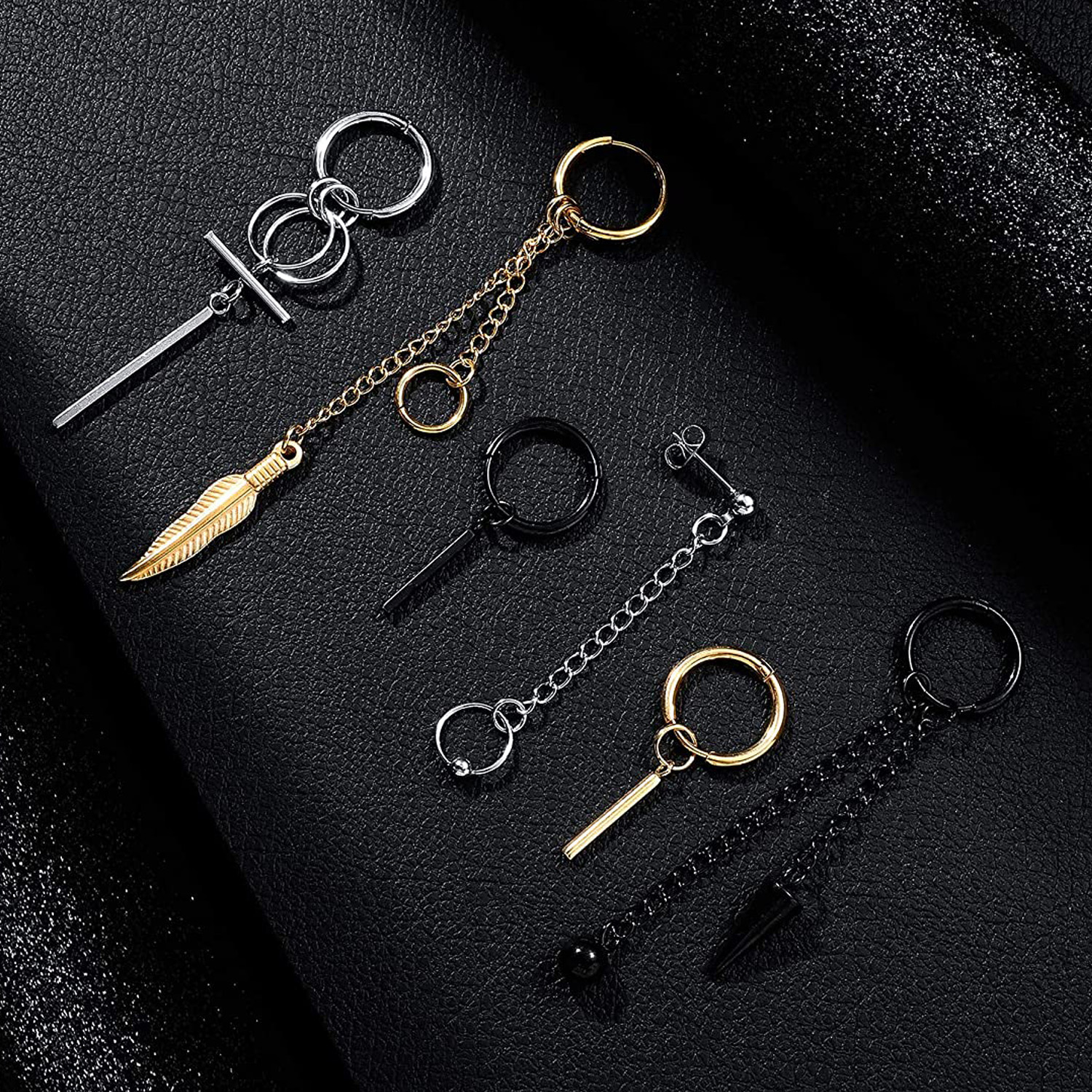 Pendientes de aro con bisagras para hombre, aretes colgantes de acero inoxidable, aretes colgantes de cadena larga con pluma L, 1 pieza