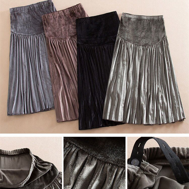 Jupe de maternité plissée en velours doré pour femmes enceintes, longue et ample, Abdominal, printemps-automne