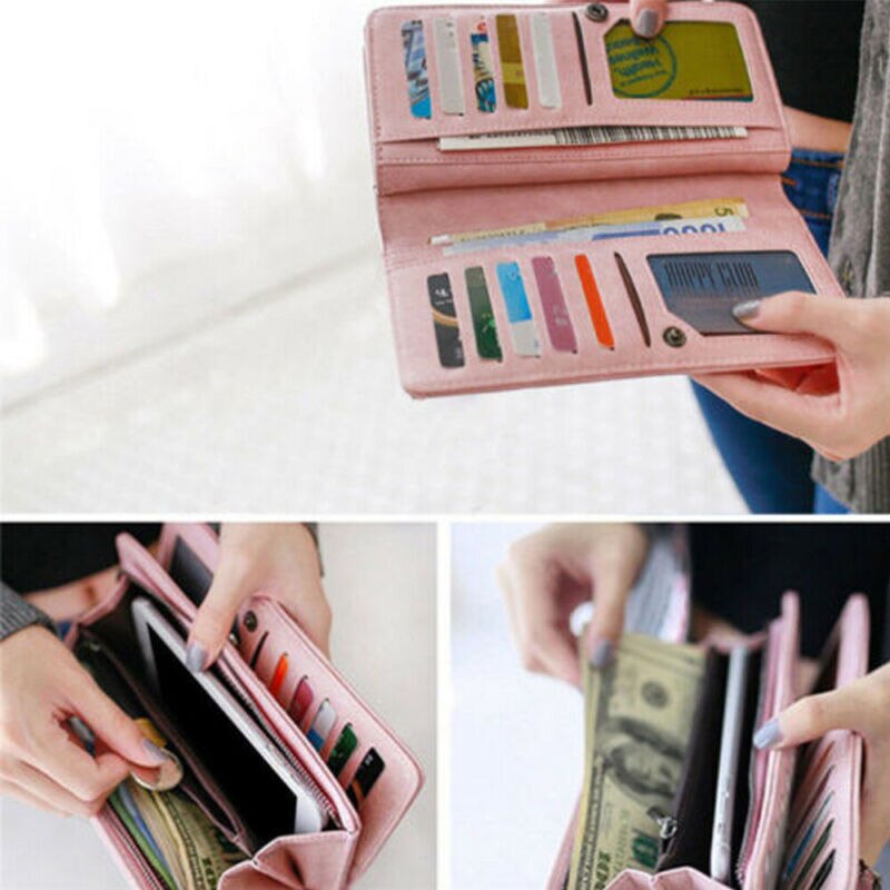Kvinder bifold tegnebog læder kobling kortholder pung dame lang håndtaske