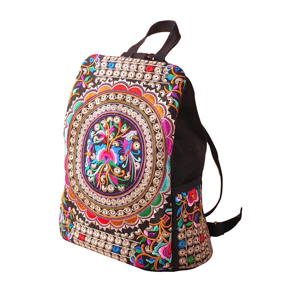 Mochila étnica bordada de lona para mujer, bolso bordado de flores hecho a mano, mochilas escolares,: Default Title