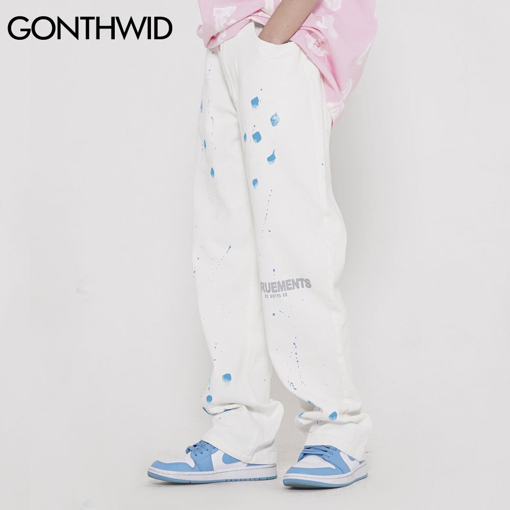 GONTHWID Jeans Men Hip Hop Streetwear Casual Graffiti Print Baggy Denim Pants Harajuku Loose Zipper Button Trousers Male