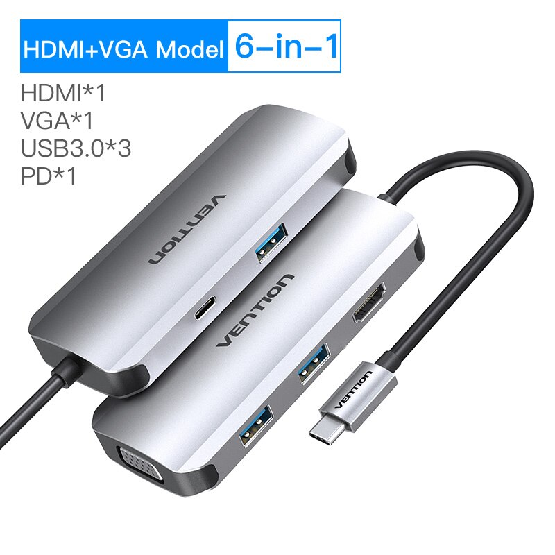 Vention USB HUB C HUB to Multi USB 3.0 HUB HDMI VGA PD Adapter Dock for MacBook Pro USB-C Type C 3.1 Splitter 3 Port USB C HUB: VGA 6-in-1 THC