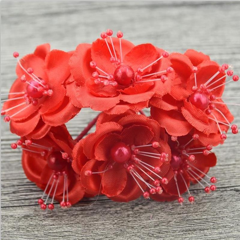 12 unidades/lote estambres de perlas Mini ramo de flores artificiales de seda de color rosa para decoración de boda DIY, accesorios para tocado de flores de novia: Red