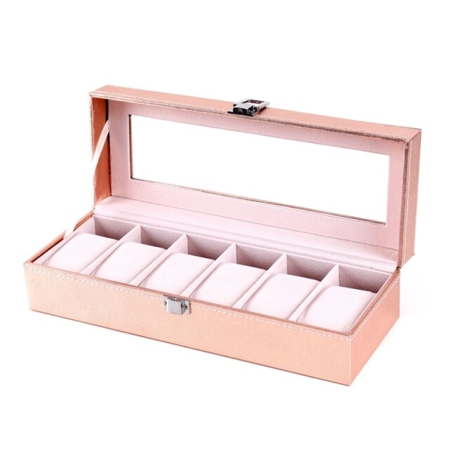 Caja de almacenamiento de relojes de pulsera para mujer, estuche especial de cuero PU rosa, para guardar joyas: rose gold 6 slots