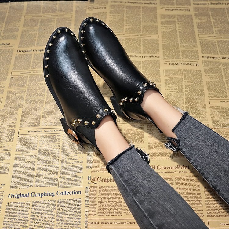 Round Toe Women's Boots Autumn Womens Shoes Boots-women Low Heels booties Rivets Booties Ladies Chelsea