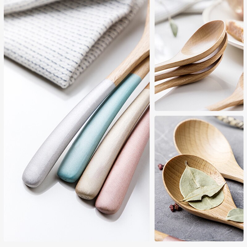 Painted Wooden Handle Wooden Spoon Beech Wood Mixing Curved Handle Spoon Bamboo Teaspoons Soup Ladle Tableware Kitchen Utensils
