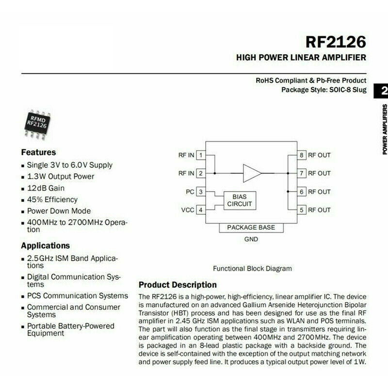 Rf2126 400m-2700mhz larga rf amplificador de potência, 2.4ghz 1w para wifi, bluetooth, ham radio