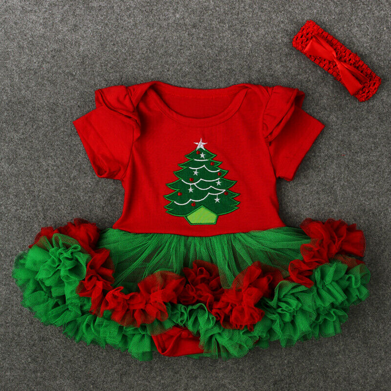 Baby Christmas Dress 2pcs Set Santa Claus Christmas Tree Newborn Baby Girls Tutu Dress + Headband Party Outfit Costume 0-18M