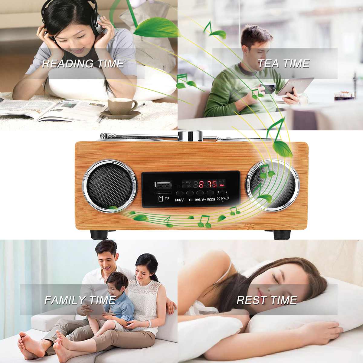 Retro Vintage Radio Super Bass FM Radio Bamboo Multimedia Speaker Classical Receiver USB With MP3 Player Remote Control
