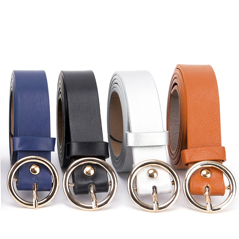 Round Metal Circle Belt Female PU Leather Waist Belts For Women Jeans Pants Black White