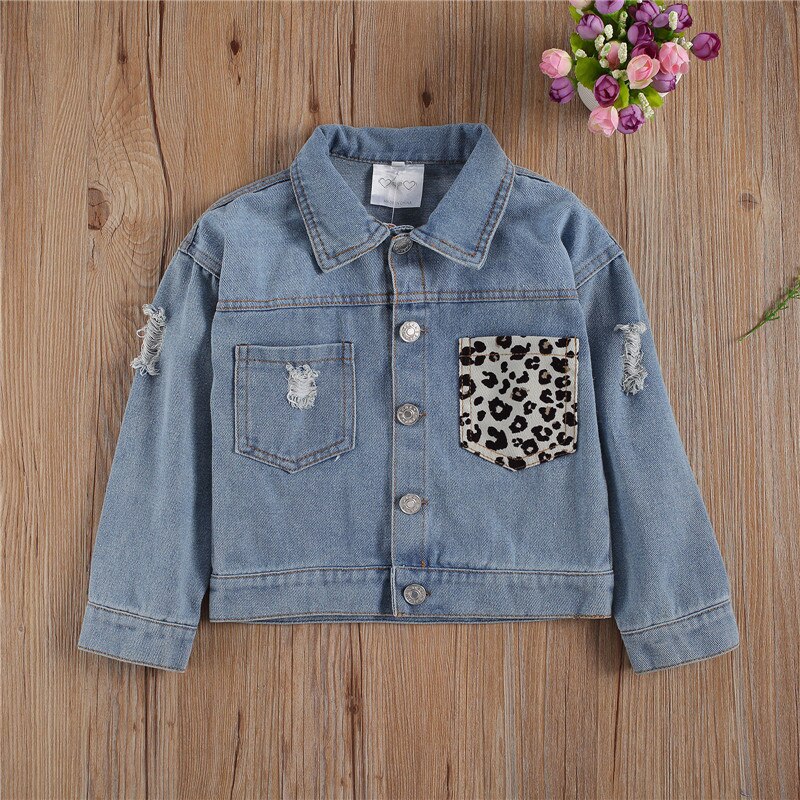 Spring Autumn Infant Kids Baby Girls Coat Sequin Leopard Ripped Hole Patchwork Jackets Tops Clothes 1-6Y