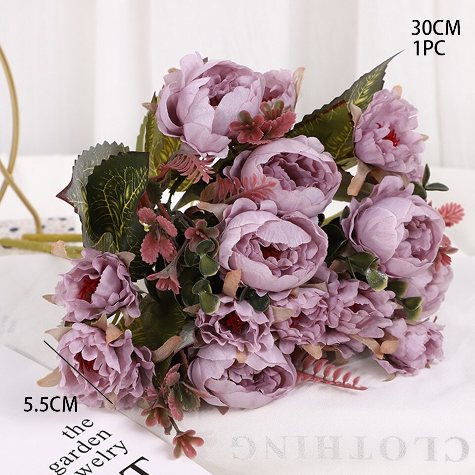 1 bukett kunstig mini peon blomster bukett 9 hoder peon blomster til hjemmet bord vise bryllup diy dekorasjon blomster: Lilla