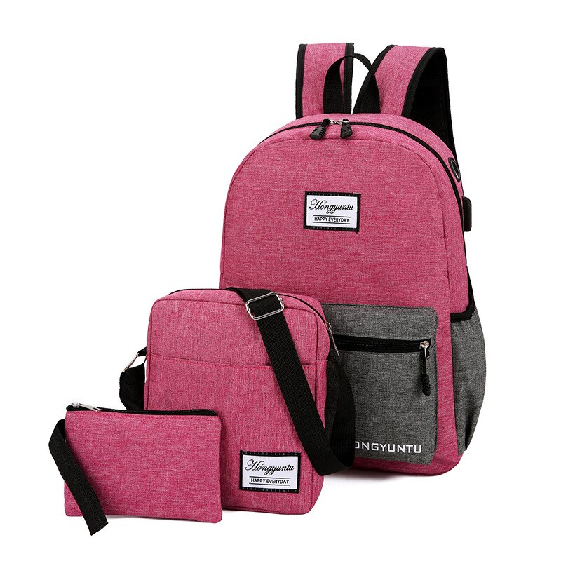 Canvas Usb Contrast color School Bags for Girls Boys Teenagers Backpacks Bookbags Large Capacity College Teen School bag: pink