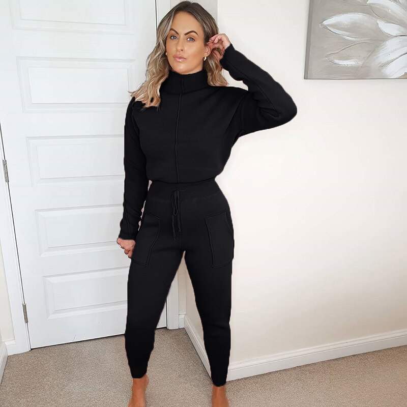 Girl's High Neck Cropped Sports Suit Solid Casual Simple Style Sweater Suit Sport Running Cool Two Pieces Suit: Black / S