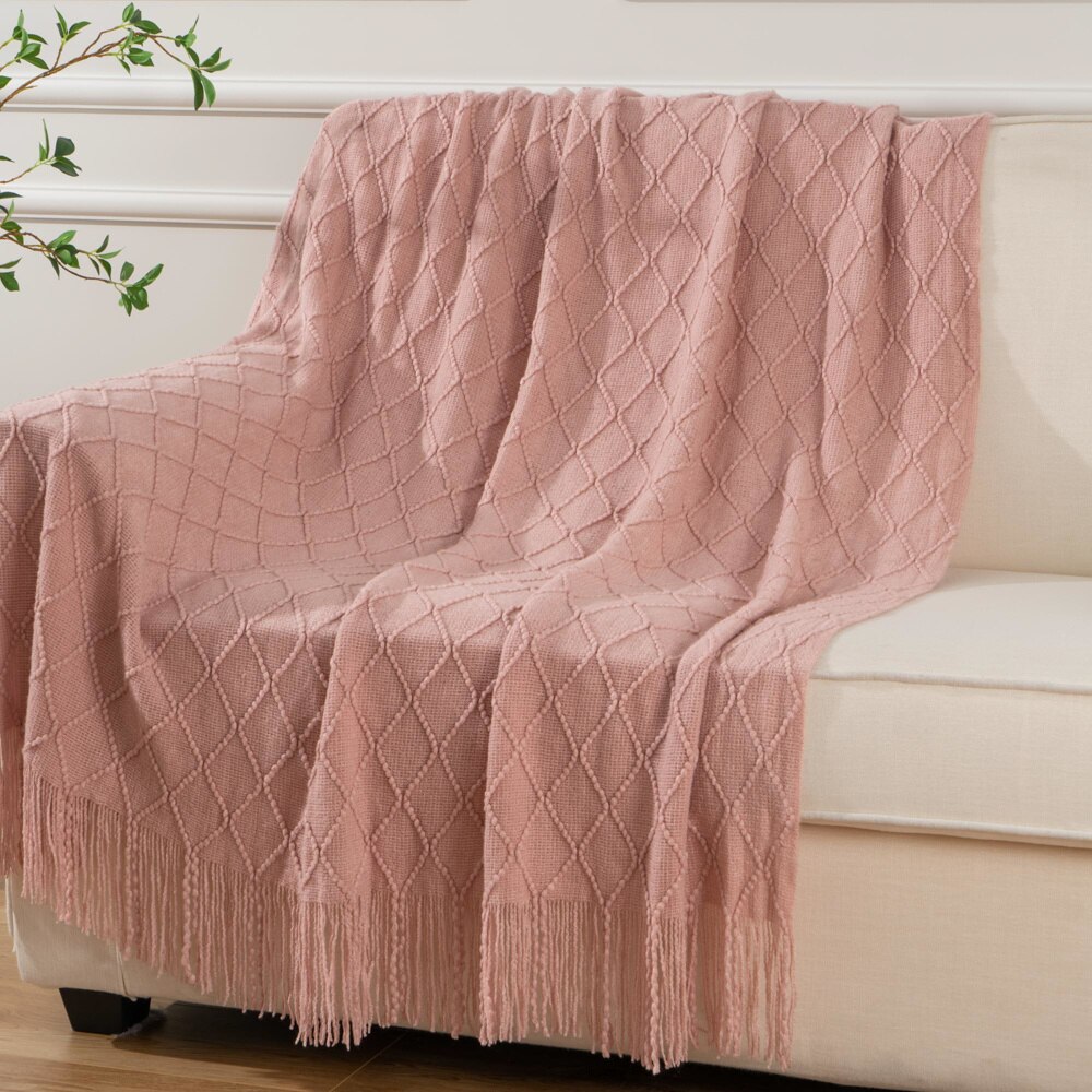 100% Acrylic Knitted Blanket Soft Red Throw Blanket with Tassels Cozy Light Solid Color bedding Blanket: Pink / 127x152cm