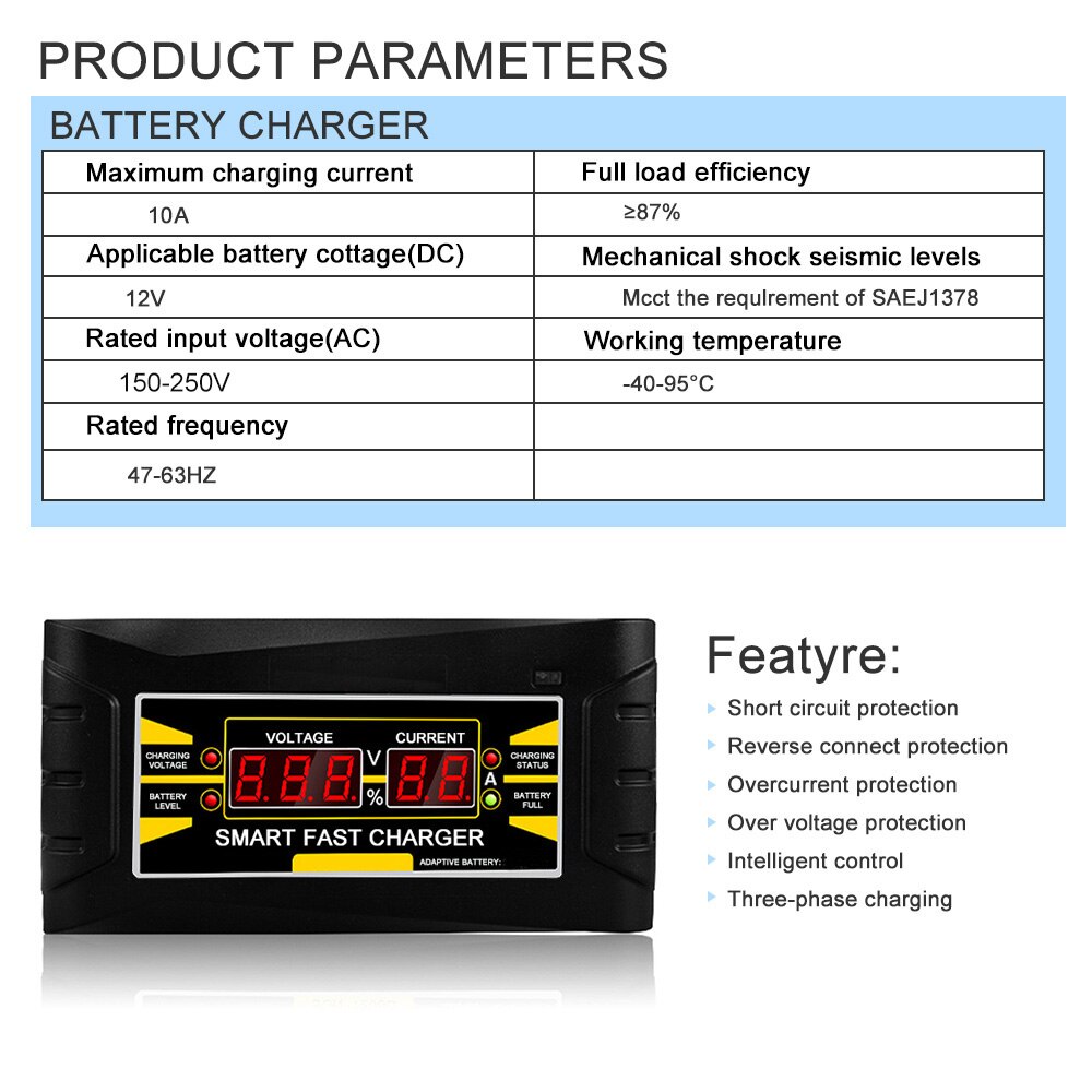 Fuldautomatisk smart 12v 10a blysyre / gel batterioplader m / lcd display us plug smart hurtig batterioplader