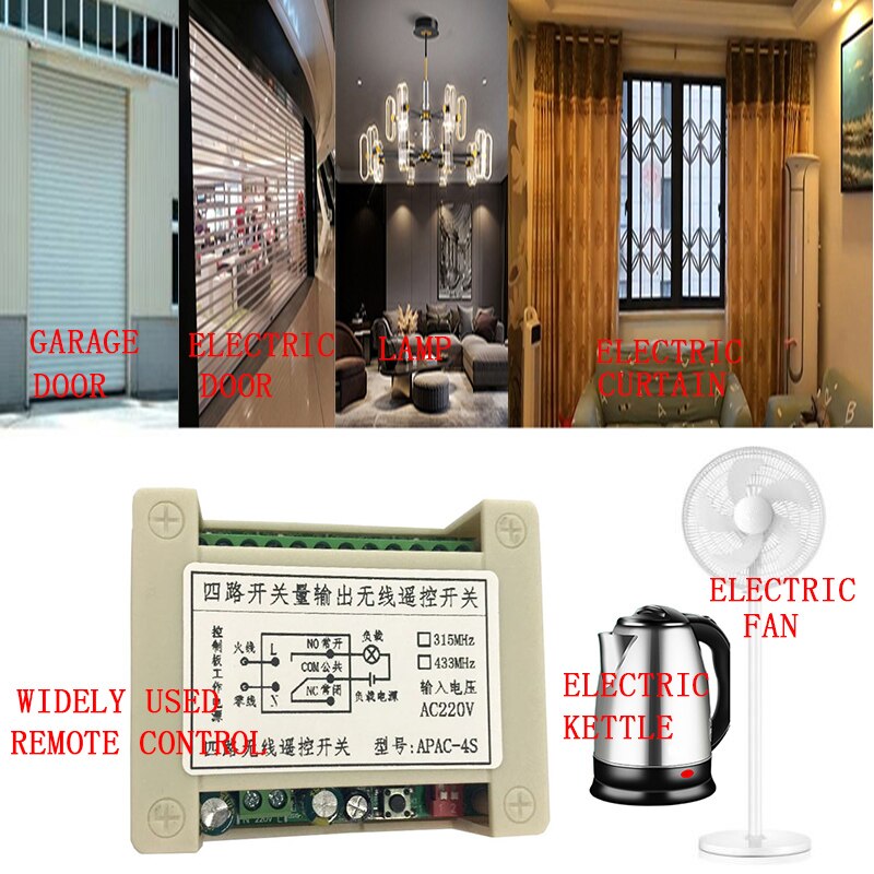 433MHZ AC110V 220V 10A 4CH Relay Switch RF Wireless Remote Control System Receiver Transmitter 433mhz Fan/Motor Garage Doors