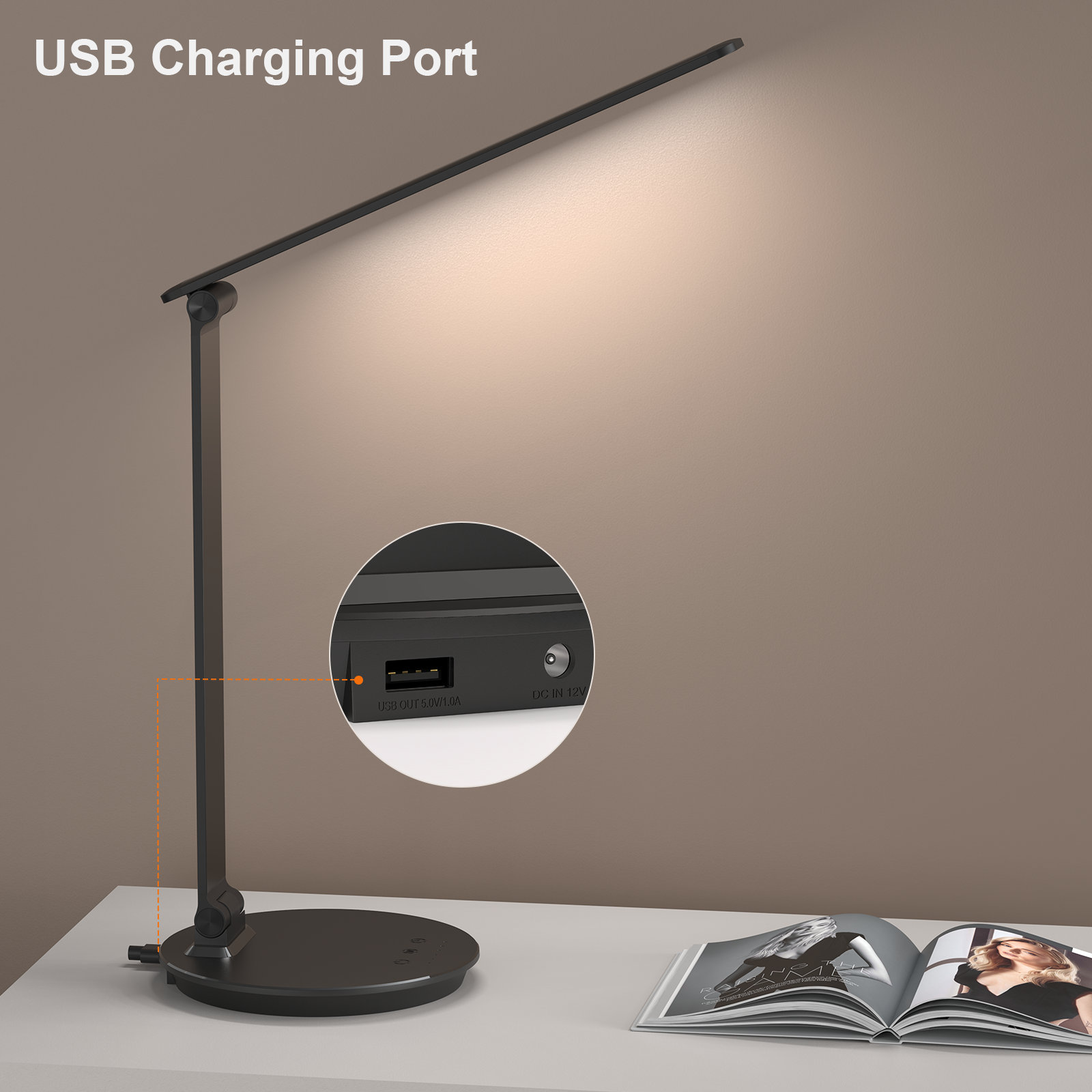 LED Desk Lamp with USB Charging Port Touch Switch Dimmable Office Lamp 5 Color Modes 60min Timer 7W Eye-caring Table Lamp