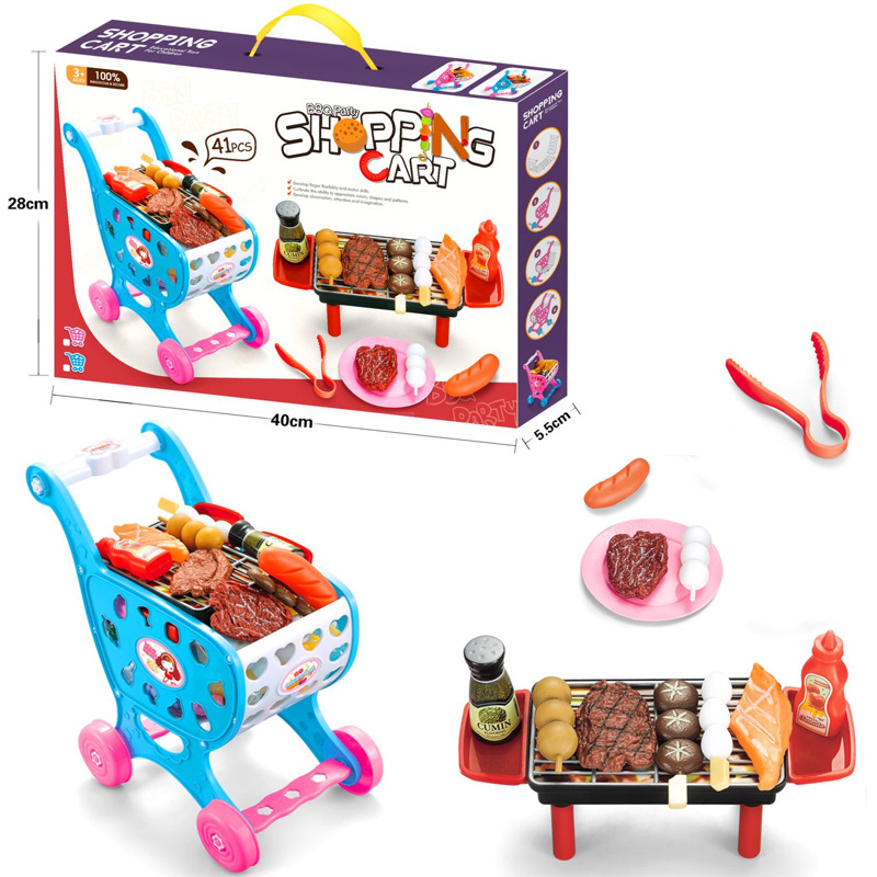 Chariot de supermarché pour enfants, voiture, jouets, Simulation de panier, fruits, BBQ, viande, nourriture, assemblage, maison de jeu