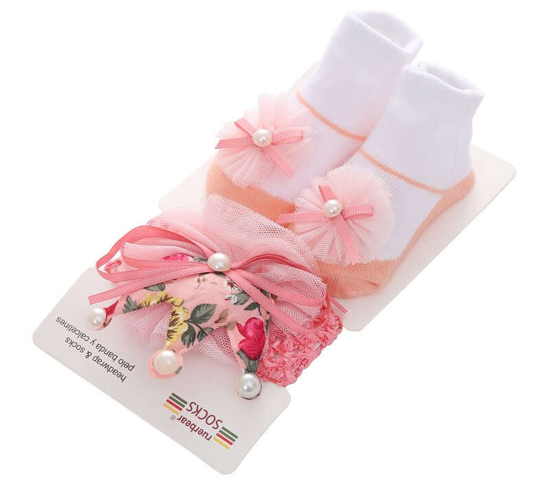 Belle bébé filles paillettes étoile gaze fleur décoré anti-dérapant coton cheville chaussettes avec élastique bandeau ensemble: G