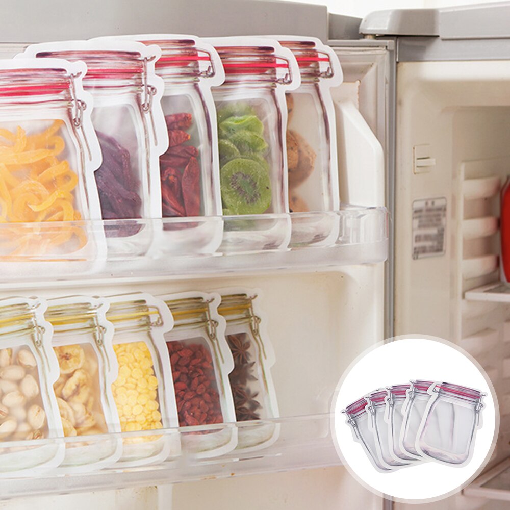 5pcs Reusable Mason Jar Bottles Bags Nuts Candy Cookies Bag Seal Fresh Food Storage Bag Snacks Zipper Sealed Kitchen Organizer