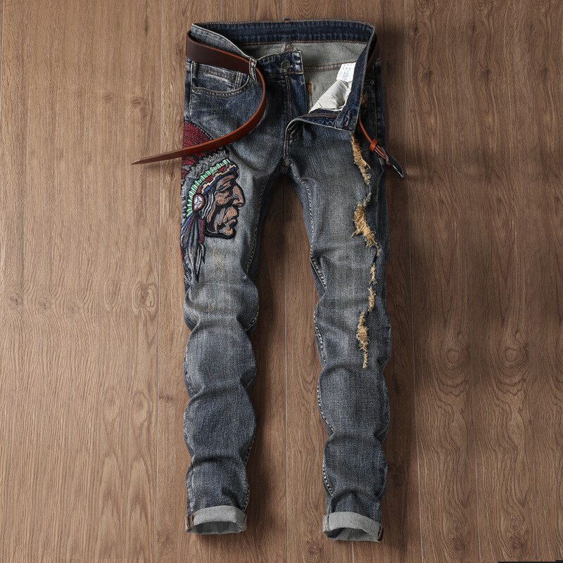 Pantalones vaqueros rectos para hombre, Jeans Retro rasgados, ropa informal ajustada, , bordados indios, novedad