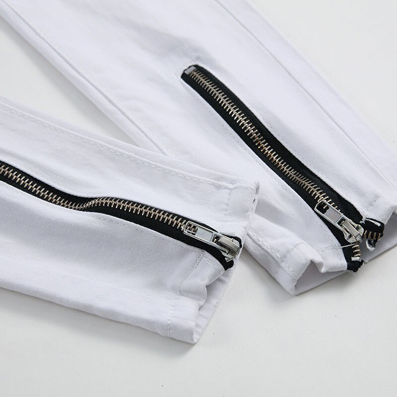 Pantalones vaqueros rasgados para hombre, Jeans rasgados con agujeros rotos, petos pequeños, ajustados, de , con cremallera, color blanco