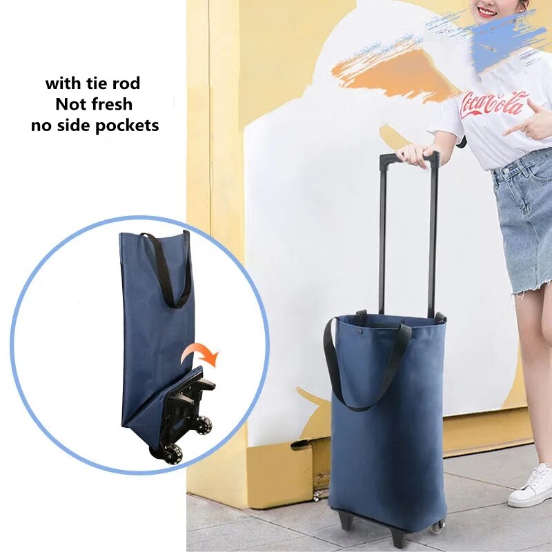 Kleine Pull Winkelwagen Carrying Boodschappentas Outdoor Camping Opvouwbare Trolley Thuis Winkelen Trailer De Markt: Button Navy