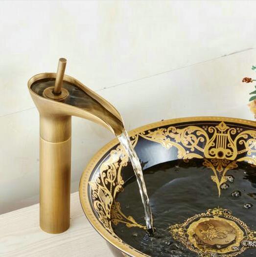 IJdelheid Kraan Antieke Kraan Waterval Tap Badkamer IJdelheid Kraan Enkel Gat Watervalkranen voor Badkamer Wastafel Antiek Messing Waterval Kraan voor Badkamer, Zwart A (Kleur: Antiek A