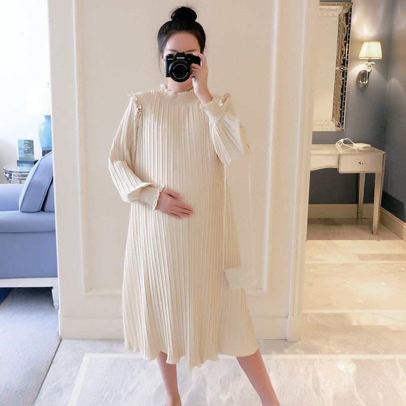 Spring Maternity Dresses Chiffon Pleated Long Pregnancy Dress Casual Loose Maternity Clothes For Pregnant Women