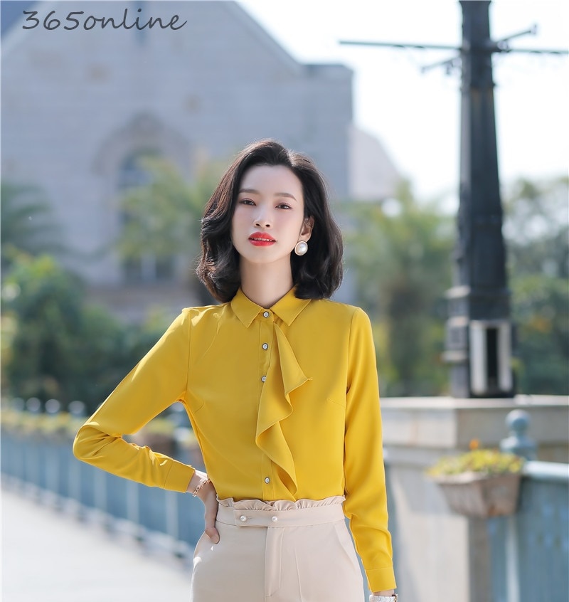 Yellow Styles Spring Summer Blouses Shirts for Women Business Work Wear Long Sleeve Chiffon Blouse Tops Clothes