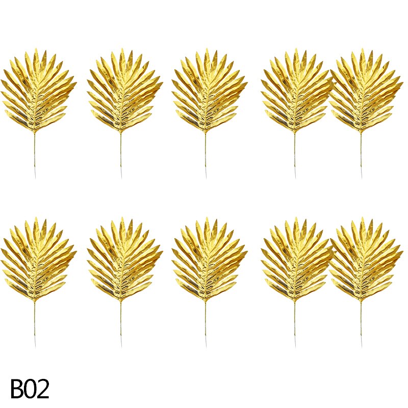 Złote sztuczne rośliny plastikowe tropikalne liście palma akcesoria robić dekoracji ogrodu dekoracja ślubna kwiat liści: B02