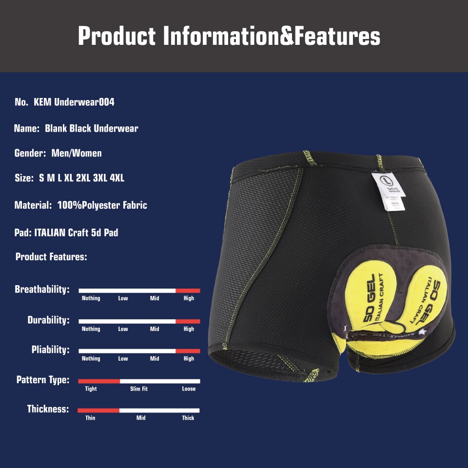 KEMALOCE 2021 5D Gel Pad pantaloncini da ciclismo intimo da ciclismo Pro mutande da ciclismo antiurto pantaloncini da bicicletta intimo da bici nero