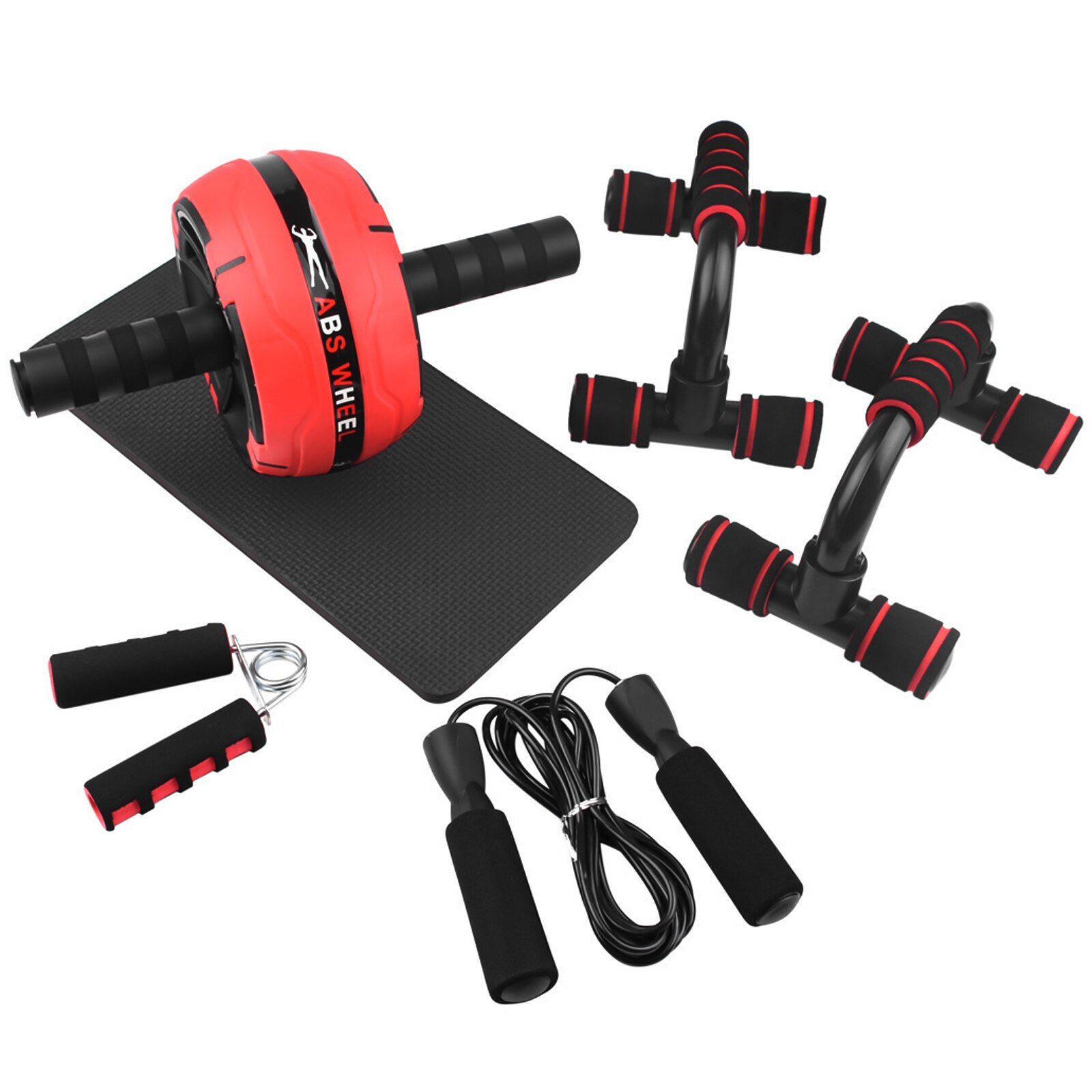 AB Wheel Roller Kit Abdominal Wheel Set with Push-Up Bar Jump Rope Hand Gripper and Knee Pad Home Gym Workout Equipment: Red 6pcs