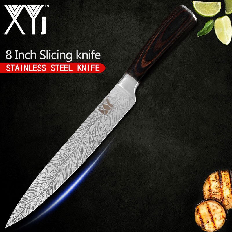 XYj Stainless Steel Kitchen Knives Set 8'' INCH Knife Storage Box Holder Damascus Pattern Veins Blade Full Tang Blade Accessory: 8 inch slicer
