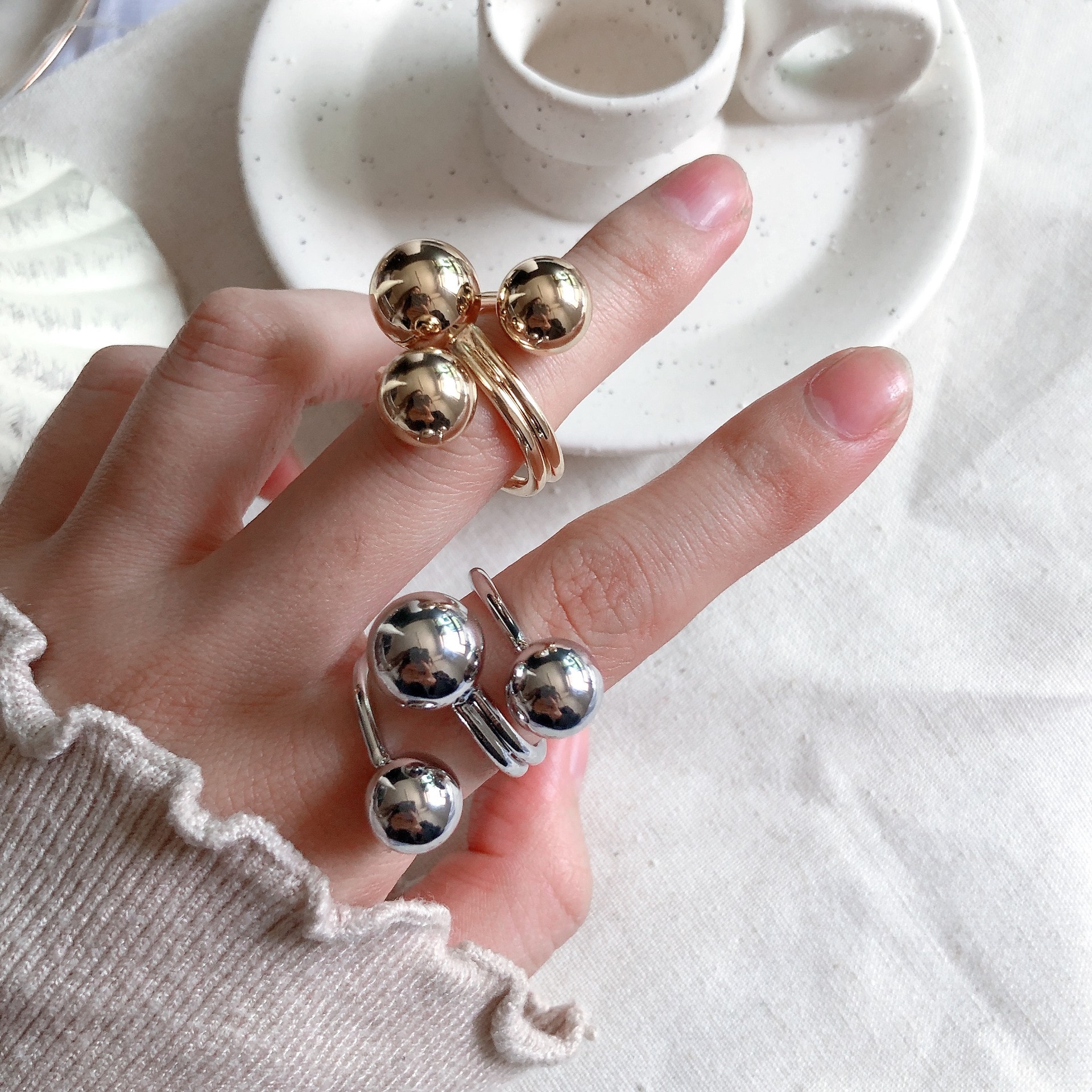 Punk Unregelmäßigen Silber Gold Farbe Metall Ball Ringe Für Frauen Europa Amerikanischen Mid Finger Knuckle Einstellbar Ringe bijoux