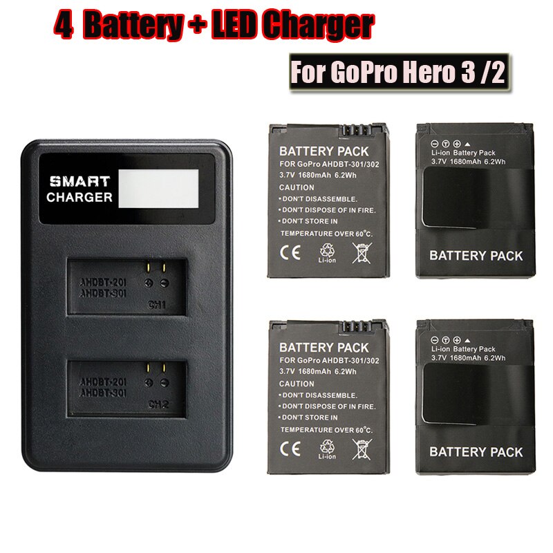 Kit chargeur USB pour Gopro hero3 3 + caméra d'action, 4 pièces, batterie 302 + écran LCD à Double fente, accessoires: A Package