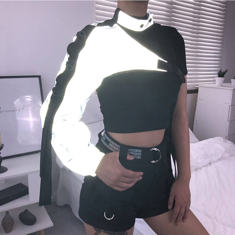 Reflekterande en axel topp punk spänne kvinnor oregelbundna crop top långärmade streetwear hip hop spänne långärmade toppar