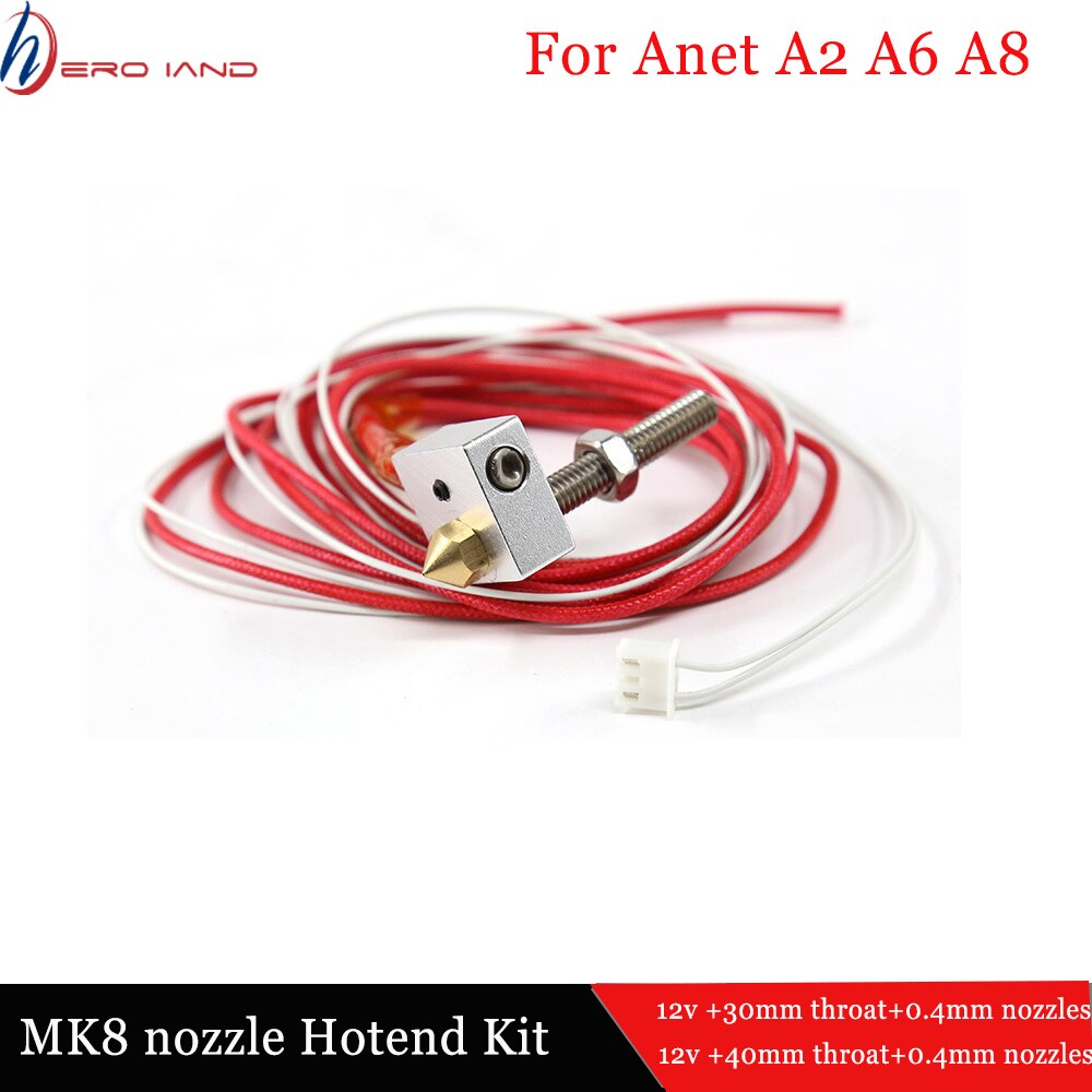 Anet 30/40mm gorge téflon tubes A6 A8 A2 e10 e12 MK8 buse extrudeuse kit 0.4mm 3d imprimante buses pièces hotend bricolage accessoires